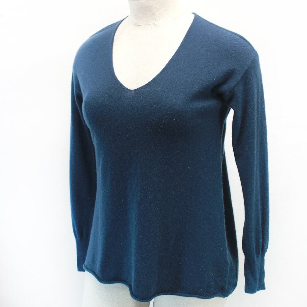 Margaret O'Leary designer 2-ply cashmere wool teal V-neck tunic sweater Large